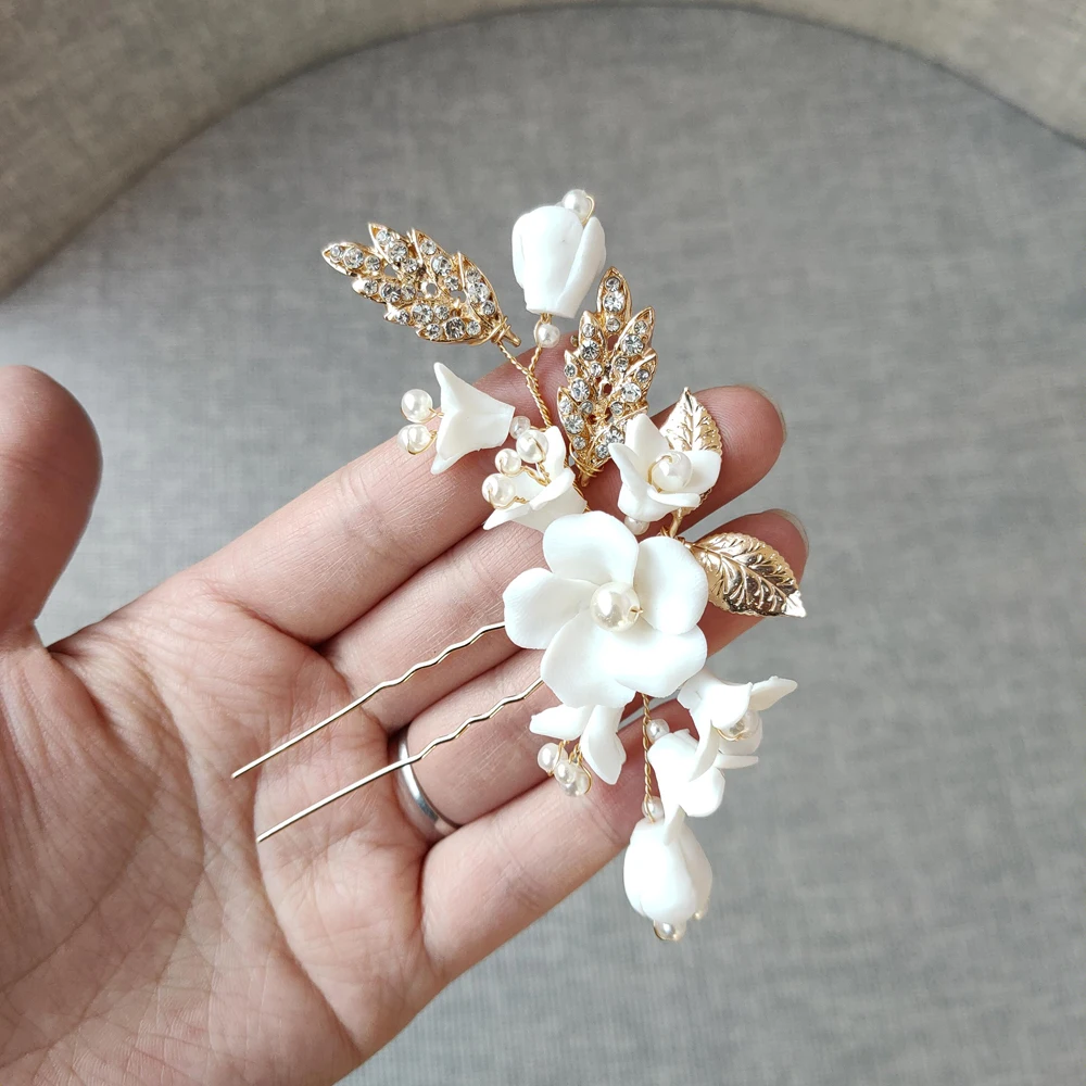 hair pin Нежный фарфор цветок свадебный гребень для волос античный серебряный свадебный головной убор Роскошные вечерние выпускные украшения для волос для невест - Окраска металла: hair pin
