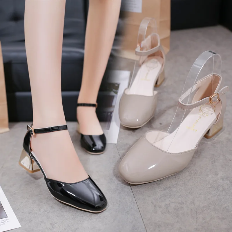 

2018 Summer New Style Straight-line Buckle Closed-toe Semi-high Heeled Sandals Women's Korean-style Simple Versatile Sexy Low-Cu