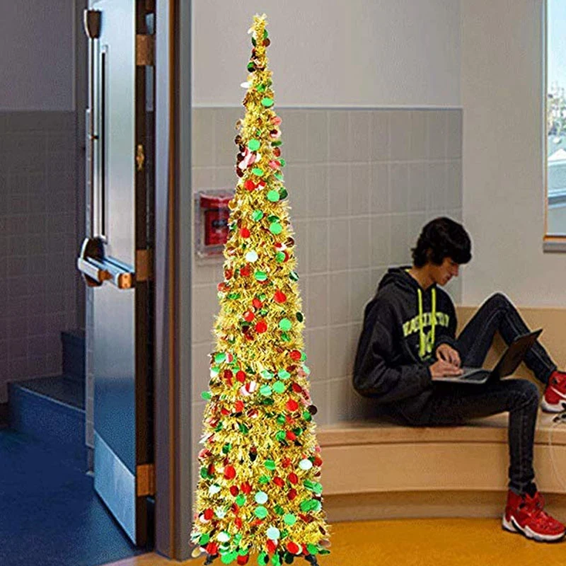 Лучшие 5 футов Рождественская мишура деревья легко-сборка многоразовые, складные искусственные карандаши тонкое дерево с блестящими блестками и пластик Sta