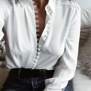 

Fashion Casual Solid Color ladies office Top Sexy Buttons Long sleeve Blouse 2019 new Spring Women Chiffon white Shirt