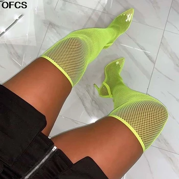 

Sexy Over The Knee Women Boots New Autumn High Heels Sock Boots Summer Pointed Toe Sandals Party Shoes Green Black Women Shoes