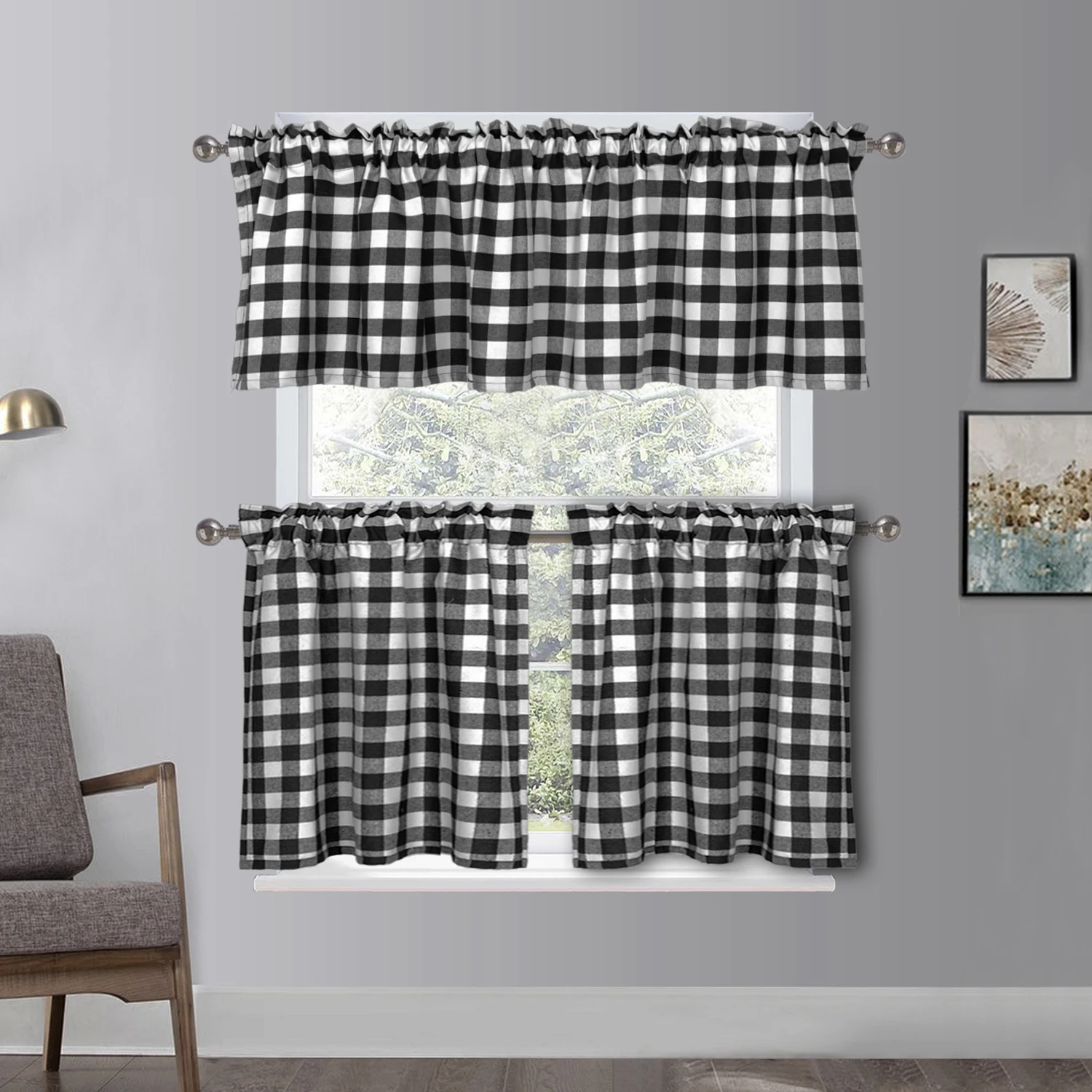  Haperlare Tier Curtains for Kitchen Window, Plaid Gingham  Pattern Short Bathroom Window Curtain, Buffalo Check Yarn Dyed Half Window  Kitchen Cafe Curtains, 28 x 30, Black/White, Set of 2 : Home