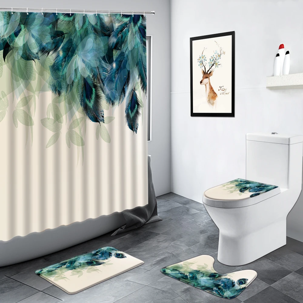 

Dream Peacocks Feather Shower Curtain Bohemian Nordic Style Decor Curtains Flannel Non-slip Rug Bath Mat Toilet Lid Bathroom Set