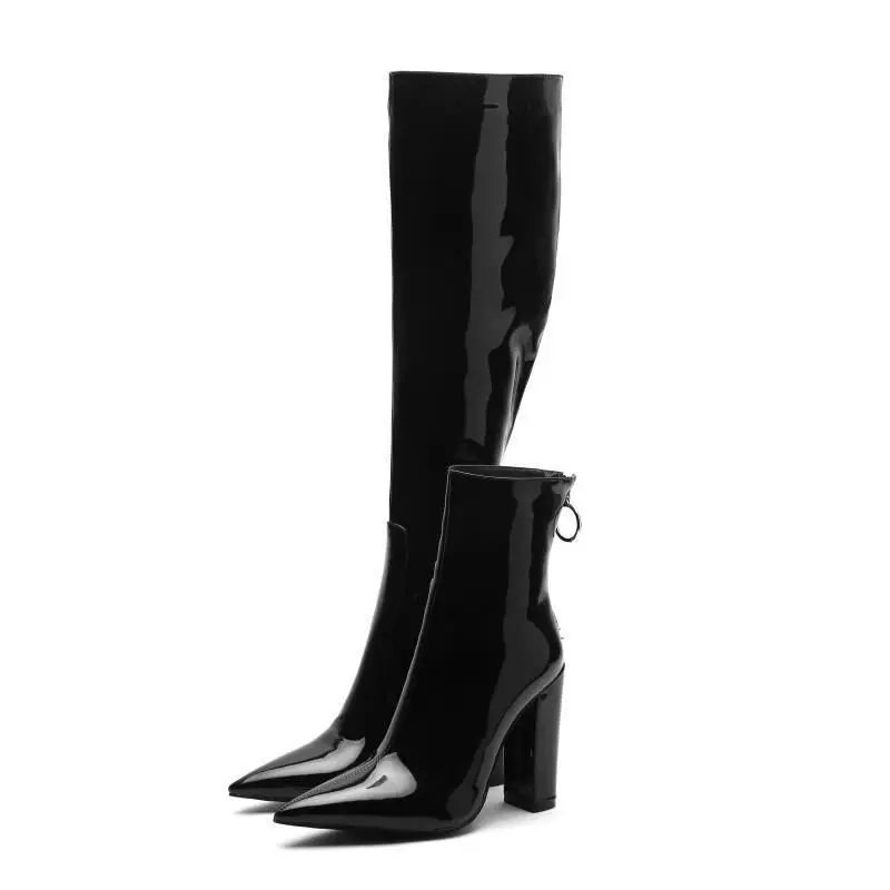 

Stylish Spring Autumn Leather Thick Sole Motorcycle Boots Sexy High Heel Black Booties Knee High Parkly Tall Sobern Shoes Women