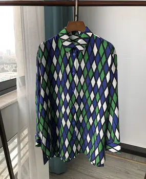 

Women Shirt Blue Green Diamond Plaid Silk Shirt New Double Sand Wash Silk Blouse Women