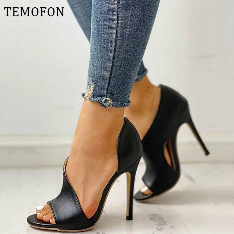 

TEMOFON Women Pumps shoes open toed heels women high heels black Sexy pumps peep toe heels ladies shoes talon femme sexy HVT735