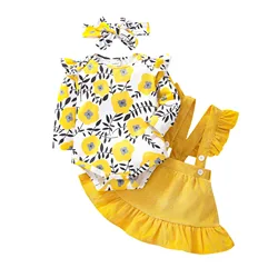 Ensemble de printemps et d'automne pour bébé fille, combinaison à manches longues, motif floral, couleur unie, jupe à bretelles et bandeau 