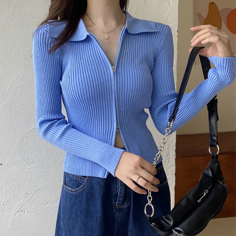 

shintimes Sexy Women Sweater Fall 2020 Knitted Cardigans Female Zipper Korean Style Clothes Pulls Femme Short Casual Coat Tops