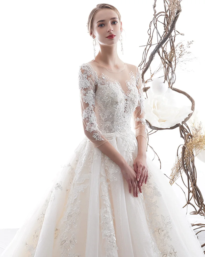 Vestido De Noiva Princesa три четверти рукава пуговицы сзади бисер аппликации блестящая Роскошные свадебные платья