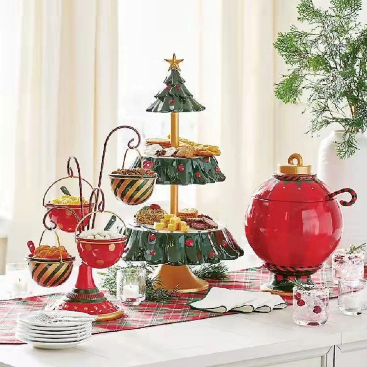 

Holiday Party Candy Plate Snack Tray Xmas Snack Rack Holder Christmas Tree Dessert Table Fruit Plate Double Layer Cake Stand 1PC