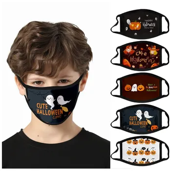 

5PC Unisex Children Halloween Printed Reusable Face Shield Washable Face Shield Cloth Face Mask Windproof Breathable Mouth Mask