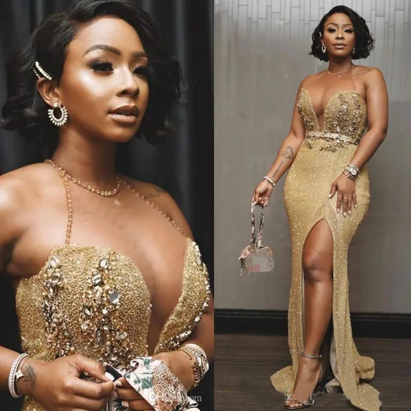 

Aso Ebi Arabic Gold Mermaid Evening Dresses Beaded Crystals Prom Dresses High Split Formal Party Reception Gowns