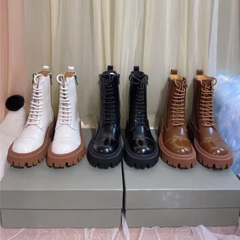 

2020 Platform Boots Side Zipper Genuine Leather Martin Boots Women Mid Calf Boots Women Shoes Designer Brand Luxury Women Shoes