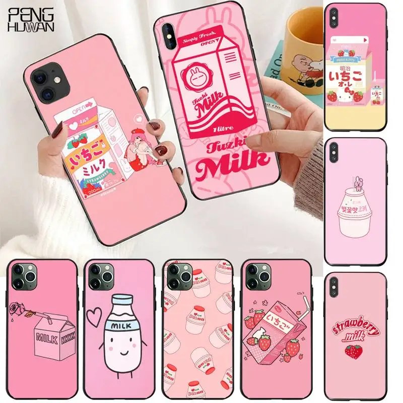 Pink Strawberry Milk Cover Black Soft Shell Phone Case for iPhone 11 pro XS MAX 8 7 6 6S Plus X 5S SE 2020 XR case | Мобильные