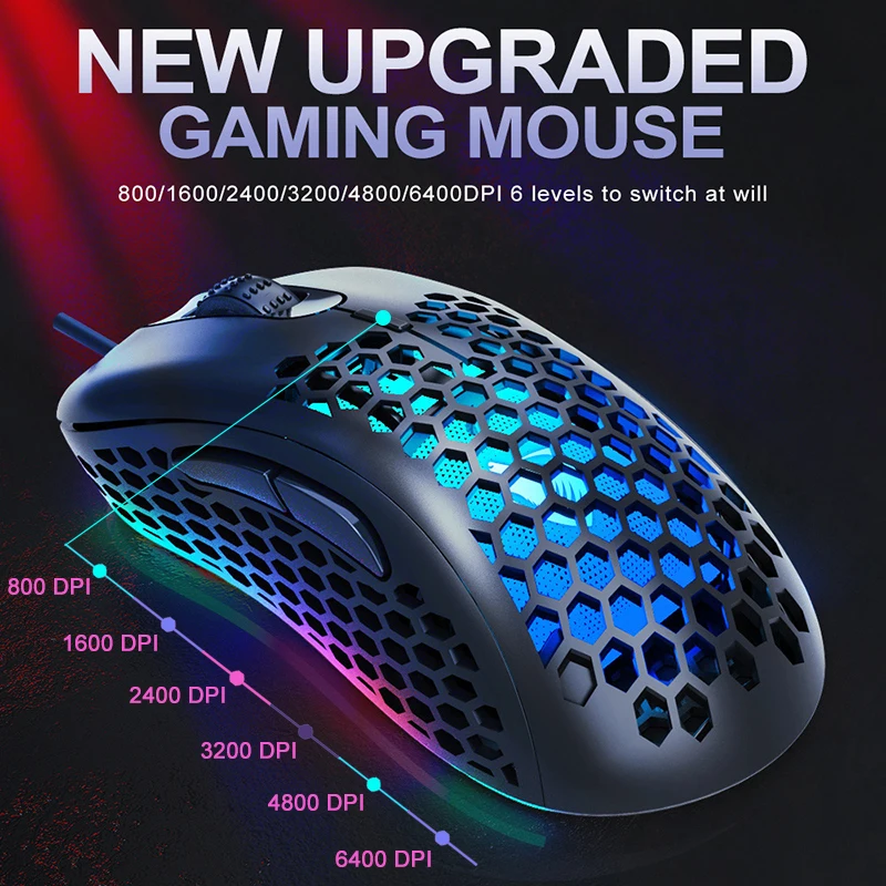 

G540 Wired Gaming Mouse 6400 DPI Adjustable Mouse 5 Buttons Honeycomb hollowing Design Programmable for PUBG LOL FSP CF Gamers