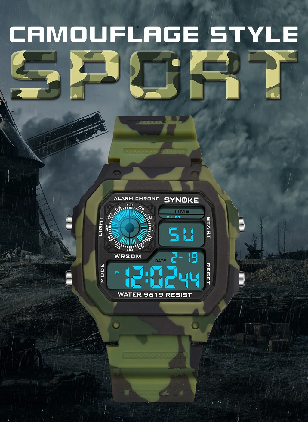 Camouflage Green Men Military Watch Luxury Outdoor Sports Waterproof Digital Watch Male LED Colourful Backlight Electronic Clock