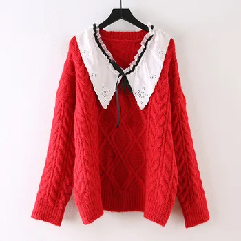 

SuperAen 2020 Autumn New Retro Peter Pan Collar Fake Two Solid Patchwork Lace Loose Wool Top Women