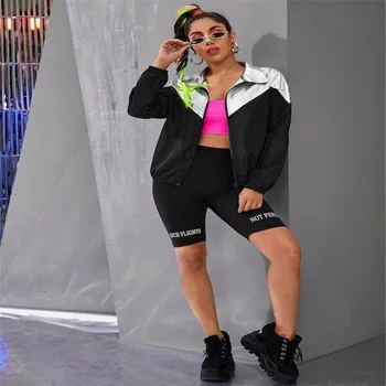 

2020 Chic Zip Up Jacket Women Spring Autumn Casual Color Block Jackets Clothing Modern Lady Silver and White Sporty Coat