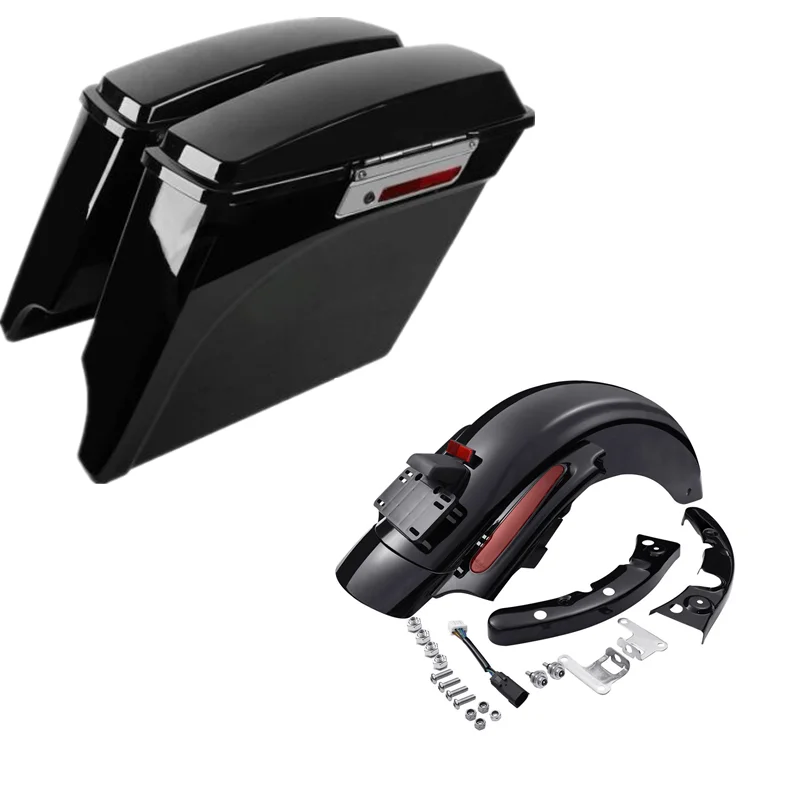 BLACK Shikha 5 Stretched Saddlebags & Rear Fender with bracket Fit For Harley CVO Touring Road King 2009-2013 