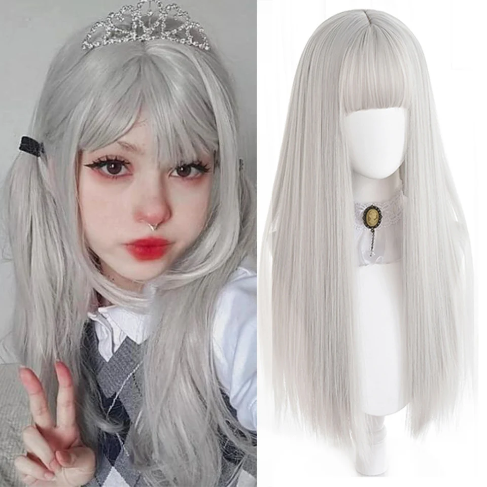 HOUYAN Long Straight Hair Synthetic Wig Silver White Black Bangs Wig Cosplay Lolita Wig Heat Resistant Party Wig