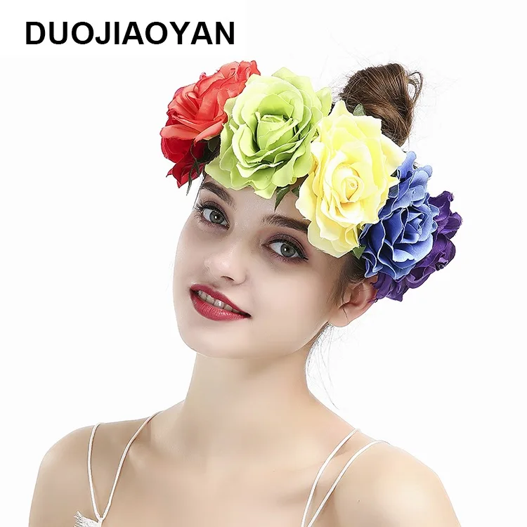 

Color Mixture 6 Flower Big Rose Flower Hair Bands Hair Accessories Cloth European And American Style Women's Retro Garland Hair