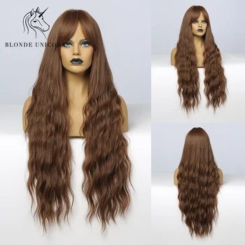 

Blonde Unicorn Natural Synthetic Long Wavy Wigs with Bangs Brown Cosplay and Party Wig for Women Heat Resistant False Hair