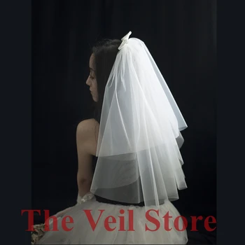 

ISHSY 2 layers Women Short Tulle Bridal weeding Veils for Bride with comb Bows Blusher Voiles Mariage Courte velo de novia V7312