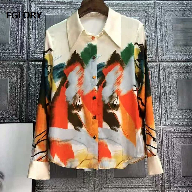 

Top Quality Silk Blouse Shirt 2021 Spring Summer Designer Tops Women Turn-down Collar Vintaage Oil Prints Casual Runway Shirts