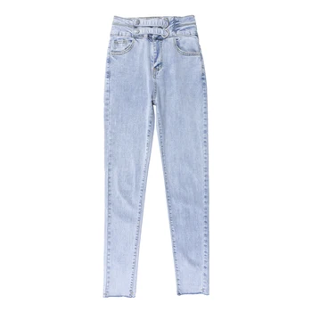 

New Arrival Chic Designer Women High Waist Denim Jeans OL Long Tight Pencil Pants Ladies Slim elegant buckle trousers