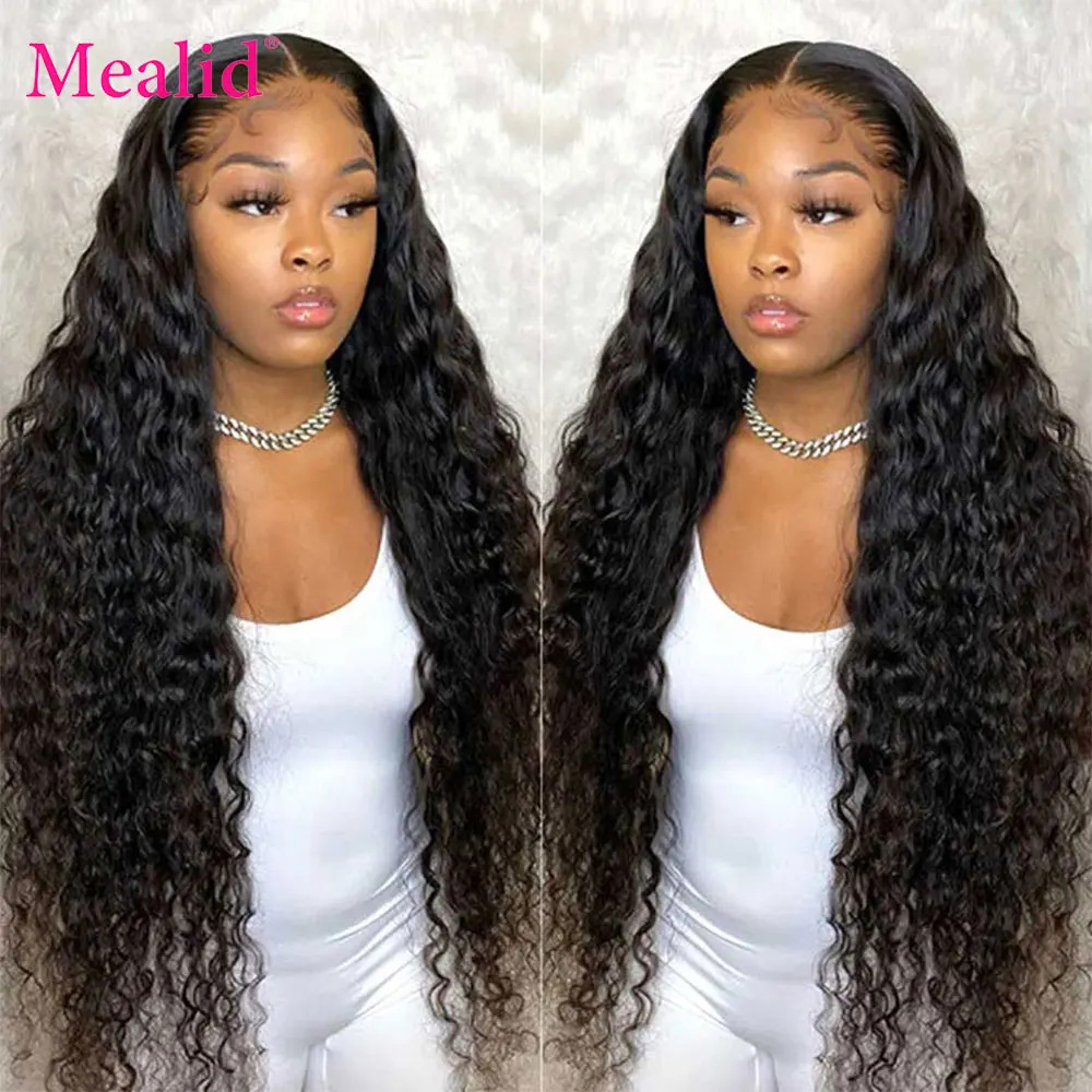 Mealid Brazilian Deep Wave Lace Frontal Wig Remy Human Hair Wigs 360 Pre Plucked With Baby 150% For Woman | Шиньоны и парики