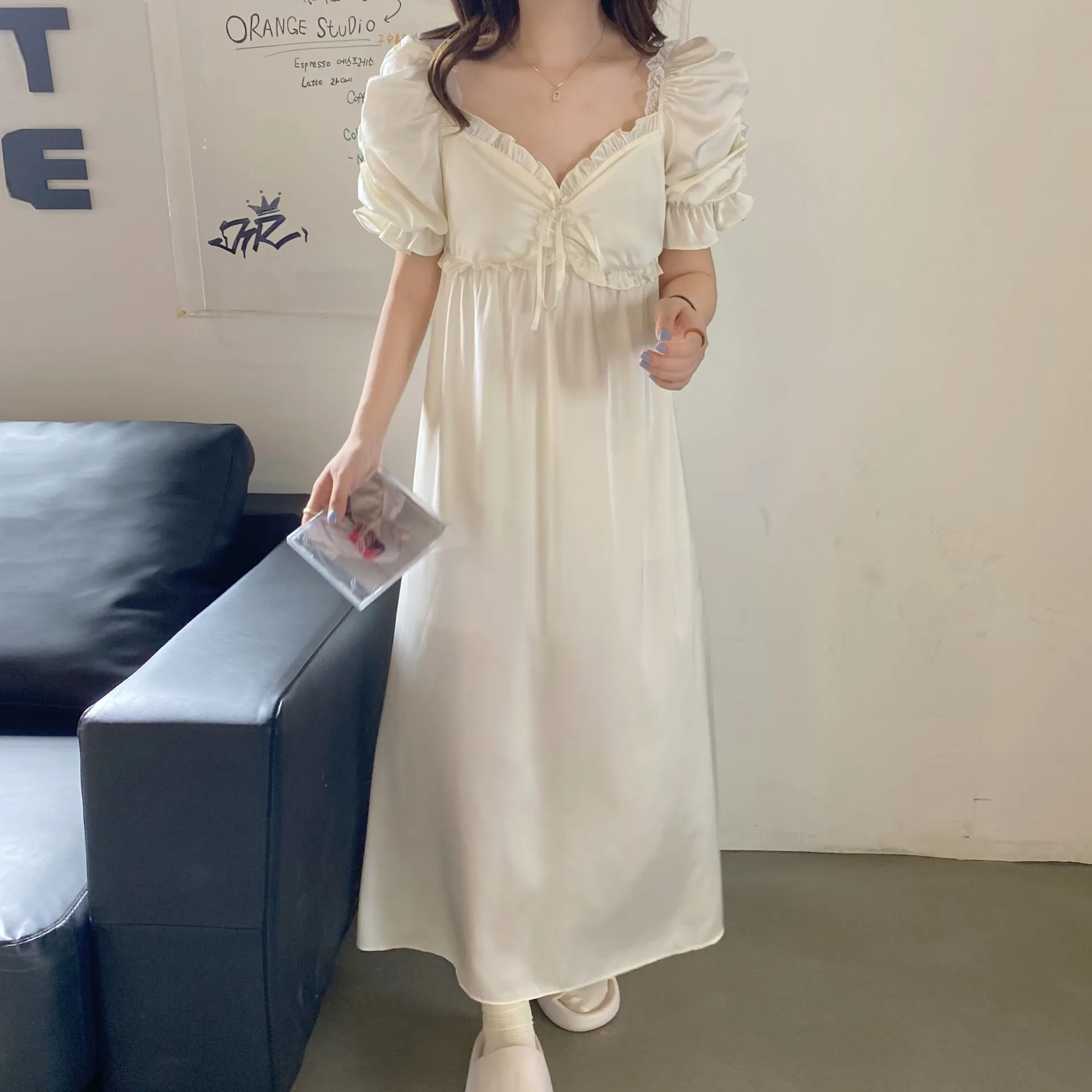 

Summer Short Sleeve Nightdress Women's French Style Sweet Lace Lace Sexy Nightgown Lady Long Princess Female Sleepwear Nightwear