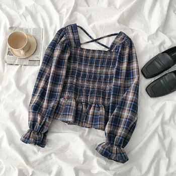 

vintage plaid women blouse square collar lantern sleeved slim ruffles short high waist office lady elegant pulls outwear tops