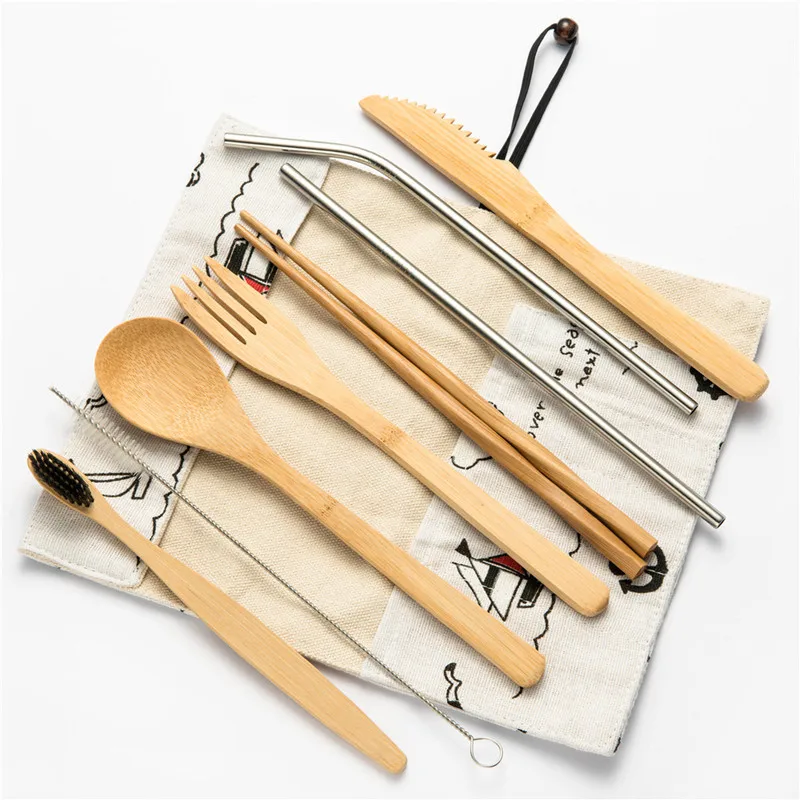 dinnerware set E Набор посуды вилка ложка деревянные столовые приборы нож бамбуковые соломы Многоразовые угольно-Бамбуковые зубные щетки для работы кемпинг набор столовых приборов - Цвет: dinnerware set E