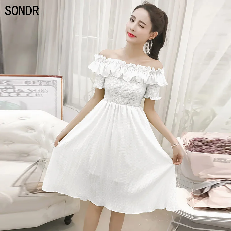 

Women Summer Chiffon Dresses 2020 Spring Ruffles A-Line High Waist Robe Dress Women Plaid Slash Neck Off Shoulder Solid Vestidos
