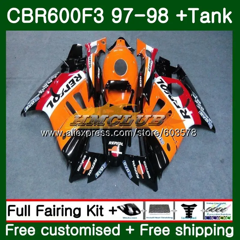 Майка для HONDA CBR600F3 CBR600RR CBR 600F3 FS 600CC 68CL. 0 CBR600 F3 97 98 CBR600FS CBR 600 F3 1997 1998 обтекатель Repsol orange