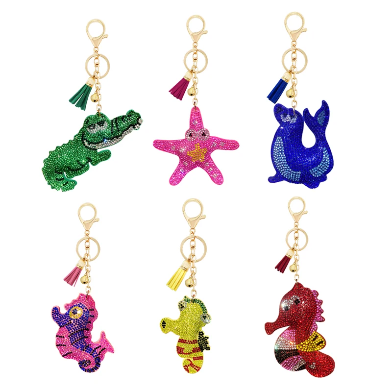 Korean velvet Rhinestones cute cartoon marine series hippocampus seal starfish key chain pendant accessories | Украшения и