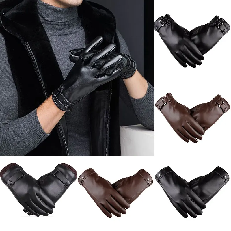 

Men Thick Velvet Anti-slip Waterproof Touch Screen Driving Gloves Full Finger Outdoor Warm Mittens Male aux Leather Gloves Black