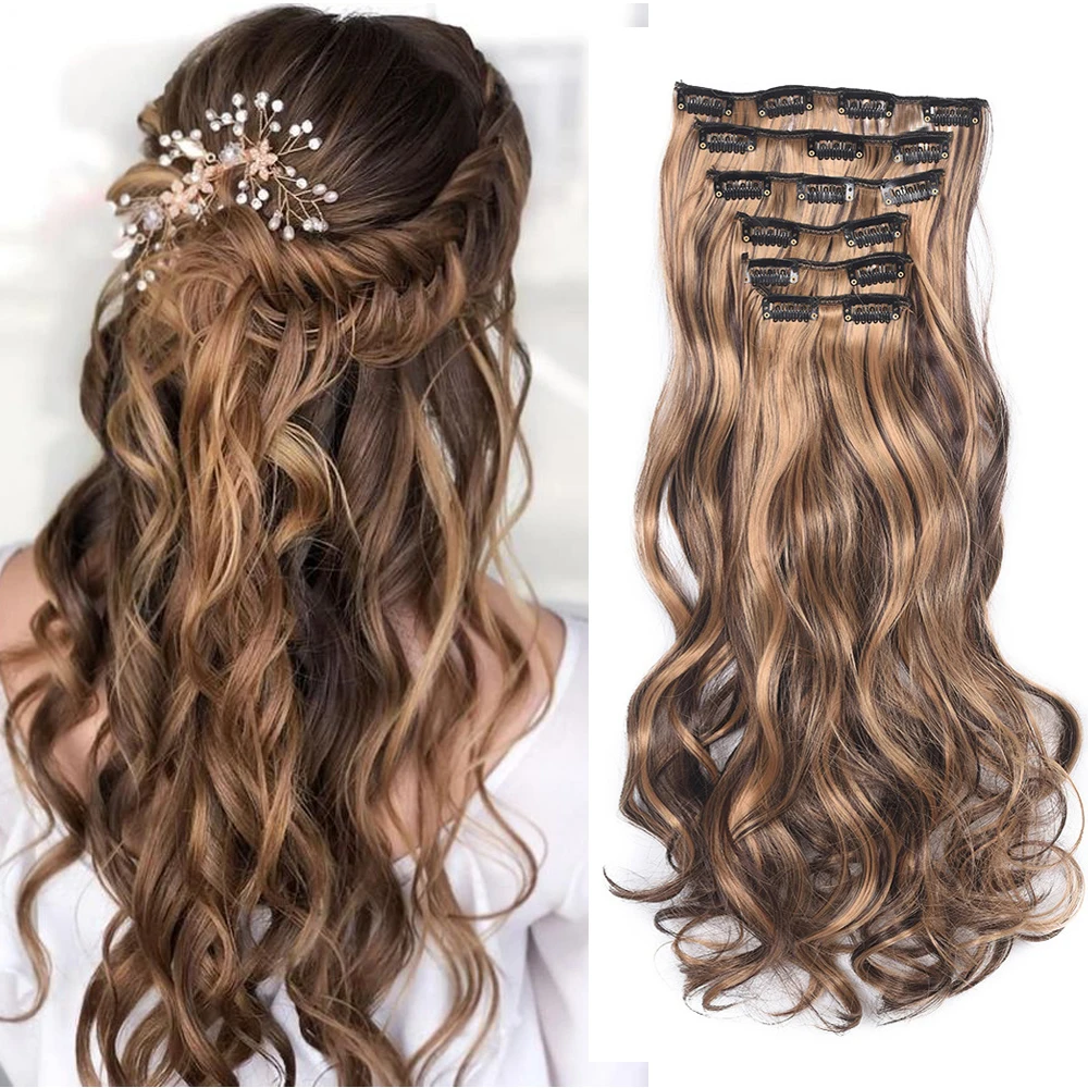 22Inch 16 Clips Long Synthetic Hair Clip In Hair Extension Heat Resistant Hairpiece Natural Wavy Piece 6Pcs/Set