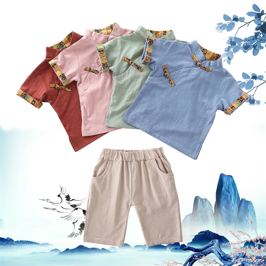 

Traditional Chinese Clothing Set for Kids Linen Boys Summer Casual New Year Costumes Top Shorts Retro Tang Suit Hanfu