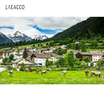 

Laeacco Natural Rural House Farm Grass Cow Mountain Tree Blue Cloudy Scenic Backdrops Photo Backgrounds Photocall Photo Studio