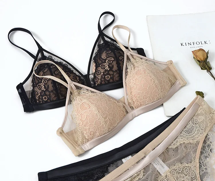 Sexy Eyelash Lace Triangle Bra Set Mesh Patchwork Lightly Lined Wireless Small Breasts Bra Panty Set Underwear Women_voghion.com