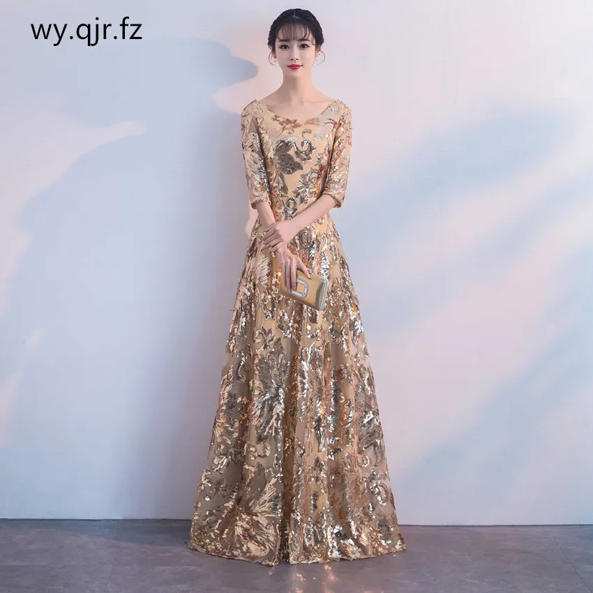 

WYHS-105#Long Evening Dresses Sequins Golden O-Neck graduation gown party prom dress customize plus size wholesale women girls