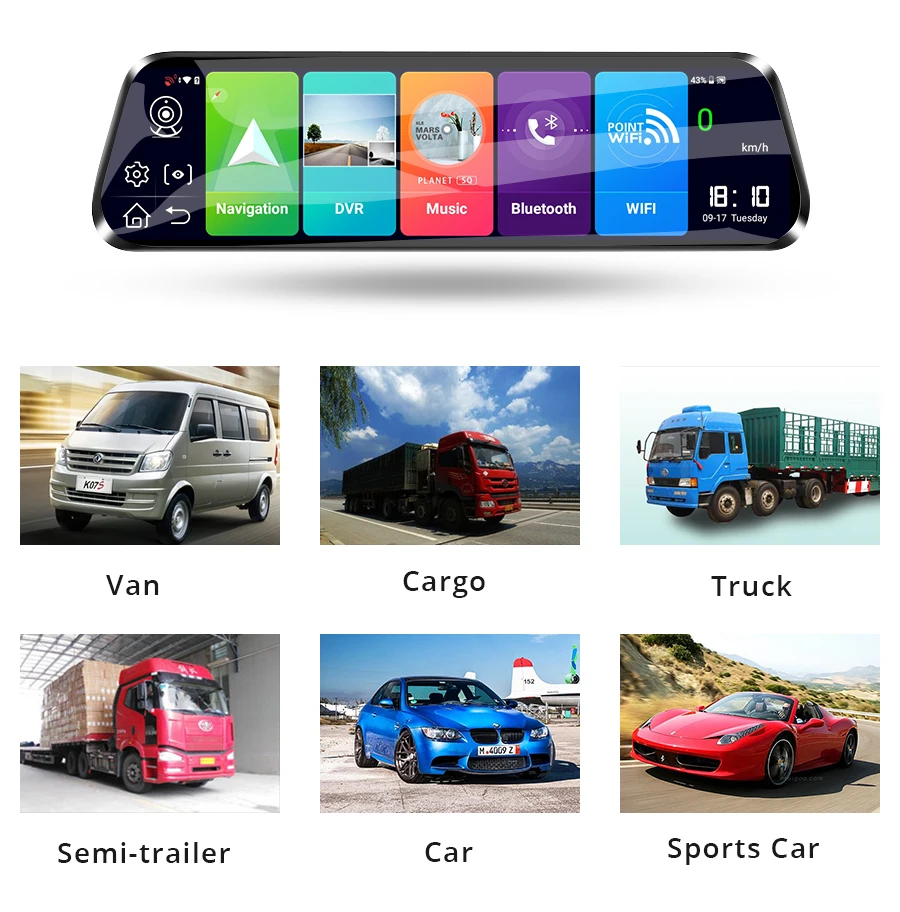 E-ACE Car Dvr ADAS 4G 10" IPS mirror Dash cam Video Recorder Full HD 1920x1080 Dual Lens Rear View Mirror Android GPS Car Camera