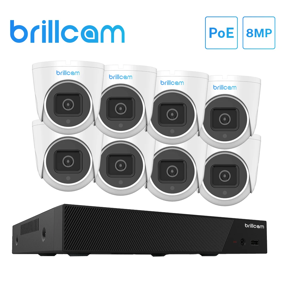 

Brillcam POE IP Kit 8CH NVR 8MP Video Recorder 8PCs Dome Security Camera Surveillance Home Waterproof Night Vision