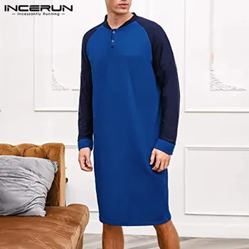 

INCERUN Men Robes Sleepwear Patchwork Long Sleeve V Neck Leisure Nightgown Soft Mens Homewear Comfortable Men Clothes Bathrobes