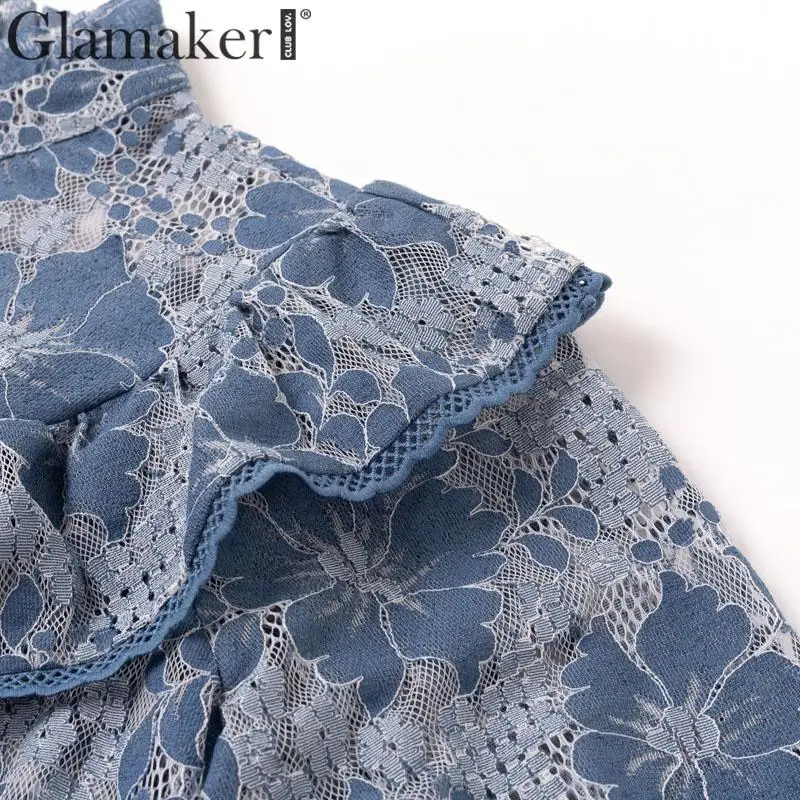 Glamaker, кружевная короткая блузка с цветочным принтом, женская элегантная блузка со стоячим воротником и длинным рукавом-фонариком, Женская Сексуальная Блузка на осень и зиму
