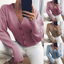 Вязаный свитер, свободный однотонный цвет, v-образный вырез, на пуговицах, зимняя женская верхняя одежда с длинными рукавами для девочек, вязаный Топ, Повседневная вязаная одежда