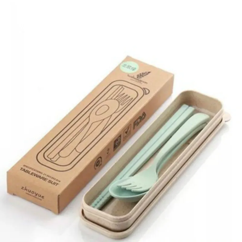 Green Set Пшеничный соломенный Ланч-бокс, микроволновая печь, Ланч-бокс с столовым оборудованием, контейнер для хранения еды, Детская школьная офисная портативная коробка для бенто - Color: Green Set