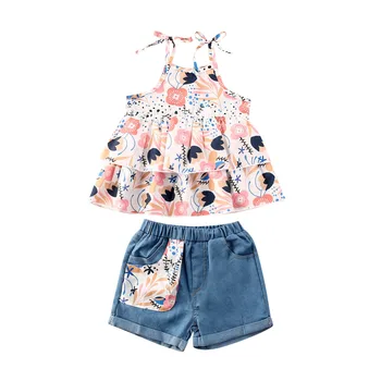 

Baby Girl Clothes Set 2020 Summer Toddler Infant Outfit Sweet Sling Summer Sleeveless Ruffle Top Denim Floral Print Shorts 2PCs