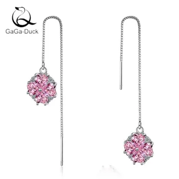 

New Fashion Jewelry 925 Sterling Silver Not Allergic Temperament Pink Crystal Cherry Blossom Long Ear Line Dangle Earrings E490